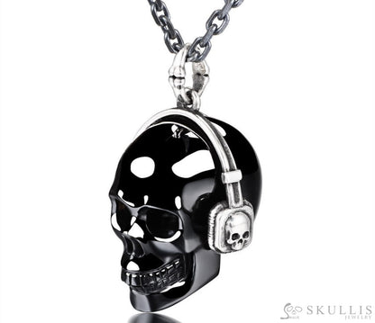 Gem Skull Pendant Necklace Of Black Obsidian Crystal Skull With Headphone In