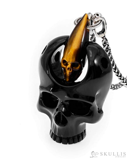 Gem Skull Pendant Necklace Of Black Obsidian & Gold Tiger Eye Carved Pendants