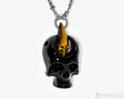 Gem Skull Pendant Necklace Of Black Obsidian & Gold Tiger Eye Carved Pendants