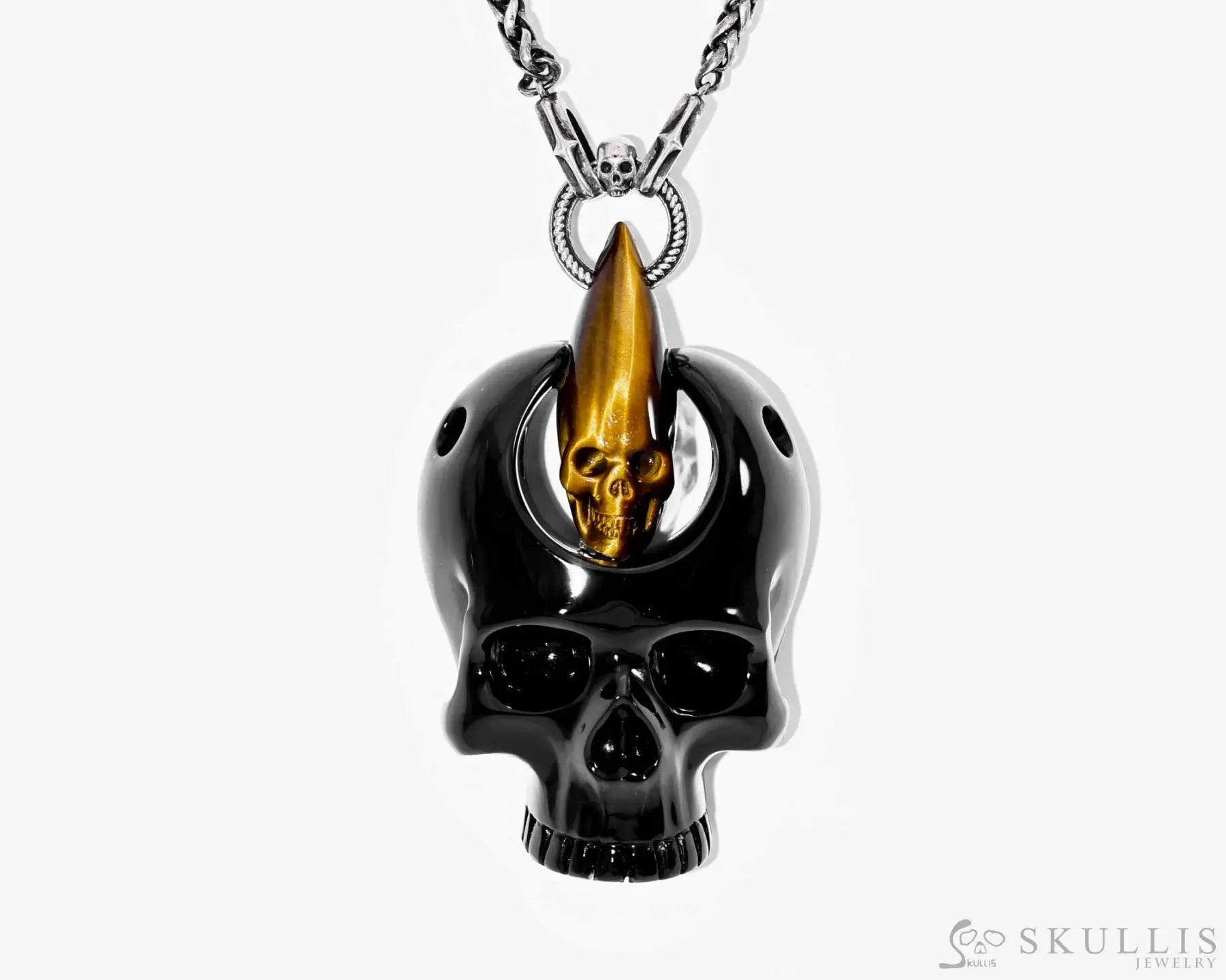 Gem Skull Pendant Necklace Of Black Obsidian & Gold Tiger Eye Carved Pendants