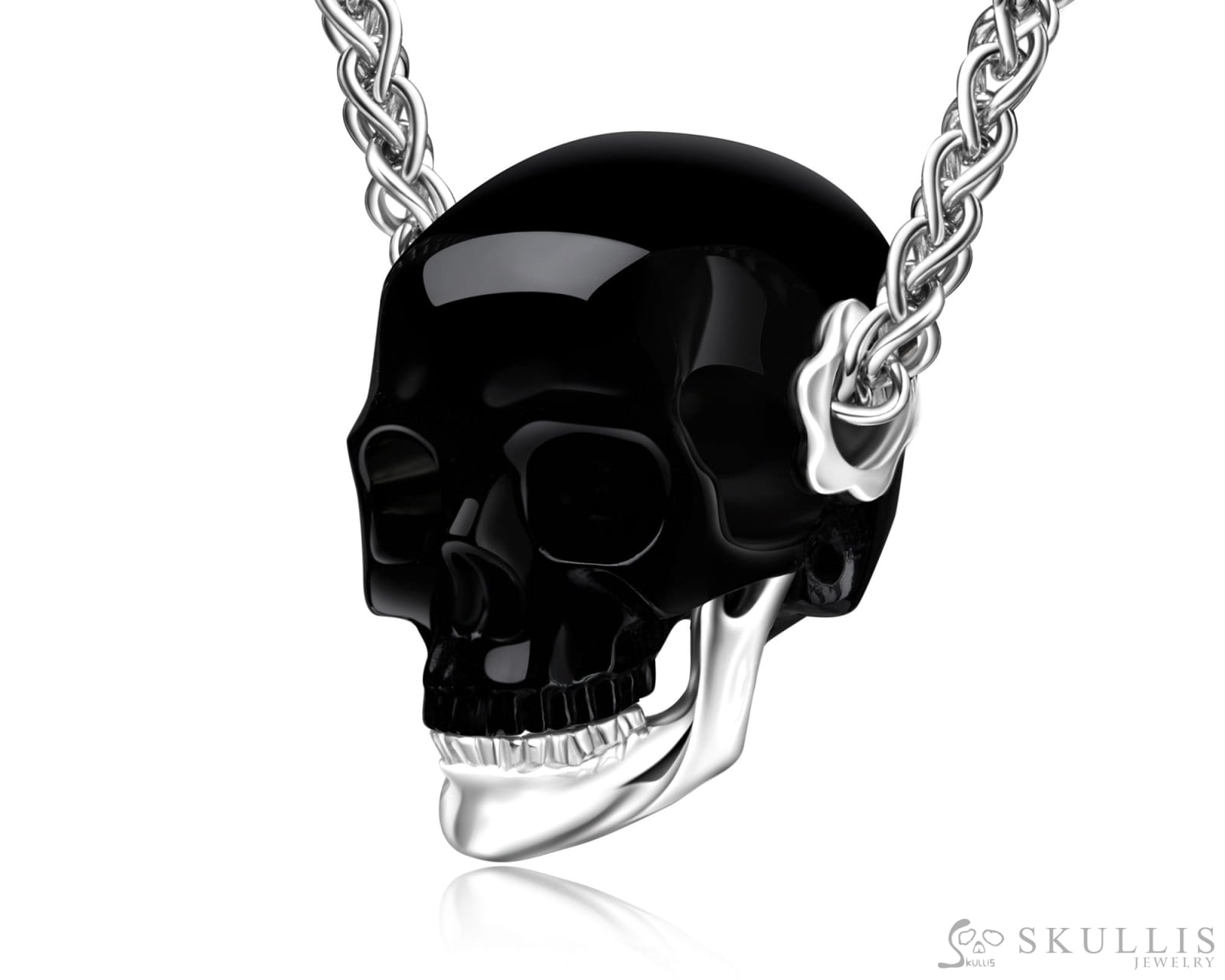 Gem Skull Pendant Necklace of Black Obsidian Carved Skull with Detachable Silver Jaw in 925 Sterling Silver Skull