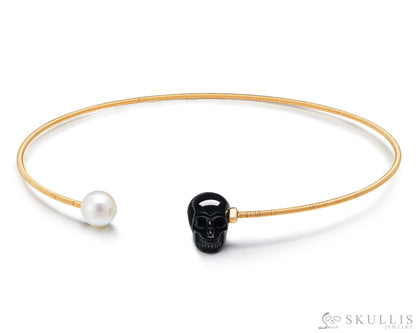 Gem Skull Pendant Necklace of Black Obsidian & Pearl Skull Pendants