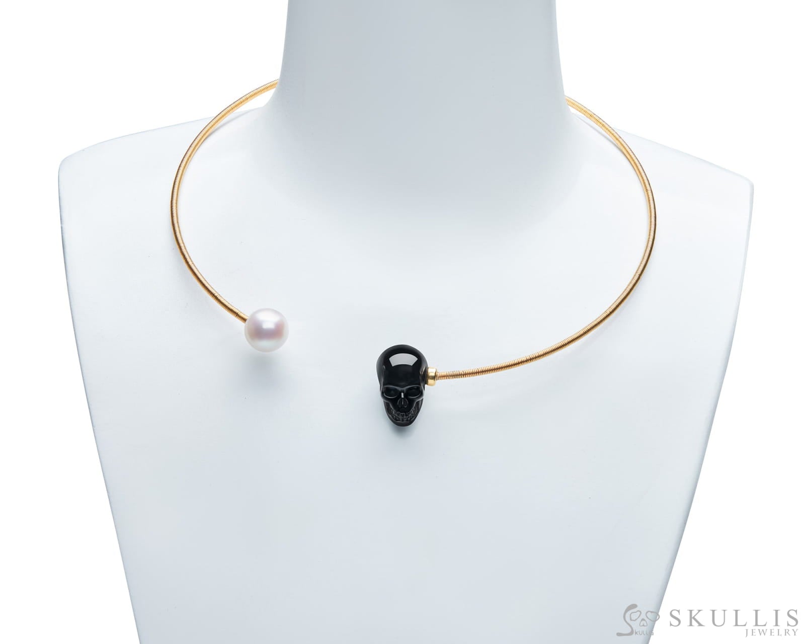 Gem Skull Pendant Necklace of Black Obsidian & Pearl Skull Pendants