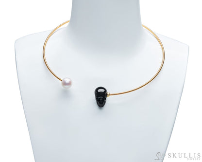 Gem Skull Pendant Necklace of Black Obsidian & Pearl Skull Pendants