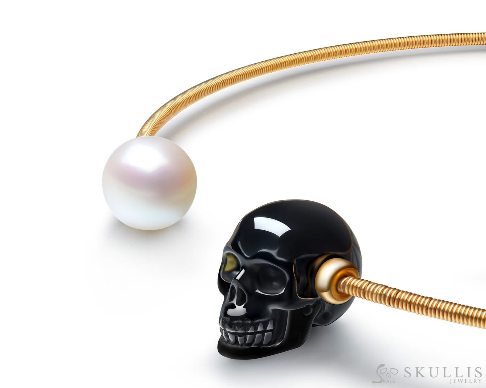 Gem Skull Pendant Necklace of Black Obsidian & Pearl Skull Pendants