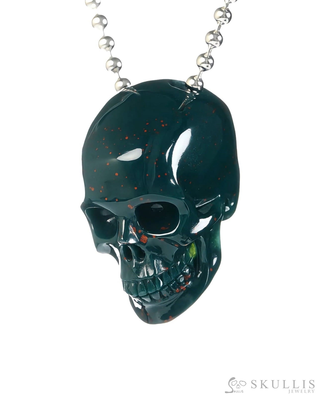 Gem Skull Pendant Necklace of Bloodstone Carved Hollow Skull with 925 Silver Chain - S0001812 Skull Pendants