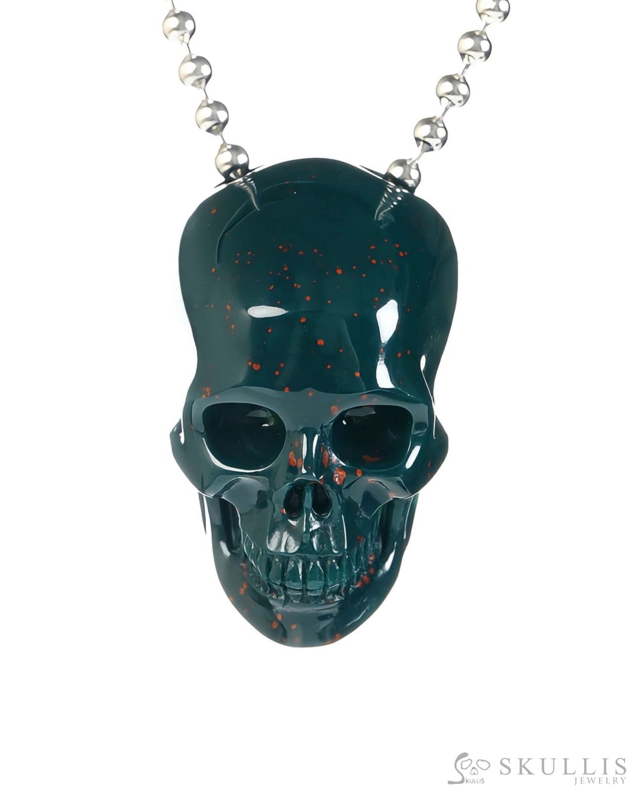 Gem Skull Pendant Necklace of Bloodstone Carved Hollow Skull with 925 Silver Chain - S0001812 Skull Pendants