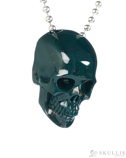 Gem Skull Pendant Necklace of Bloodstone Carved Hollow Skull with 925 Silver Chain - S0001812 Skull Pendants