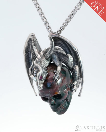 Gem Skull Pendant Necklace Of Bloodstone Carved With Ruby-Eye Dragon In Blackened Sterling Silver -