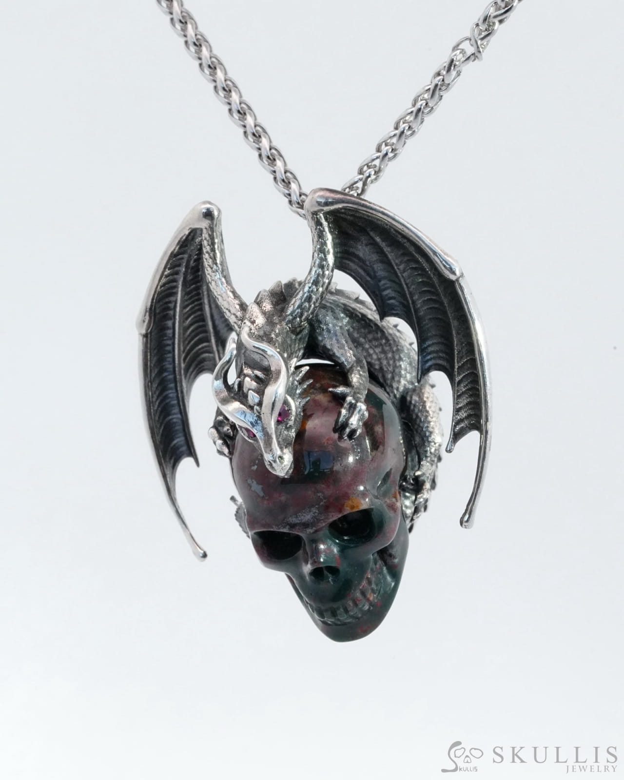 Gem Skull Pendant Necklace Of Bloodstone Carved With Ruby-Eye Dragon In Blackened Sterling Silver -