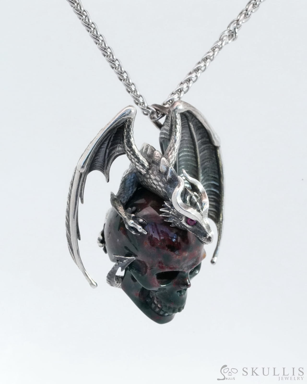 Gem Skull Pendant Necklace Of Bloodstone Carved With Ruby-Eye Dragon In Blackened Sterling Silver -