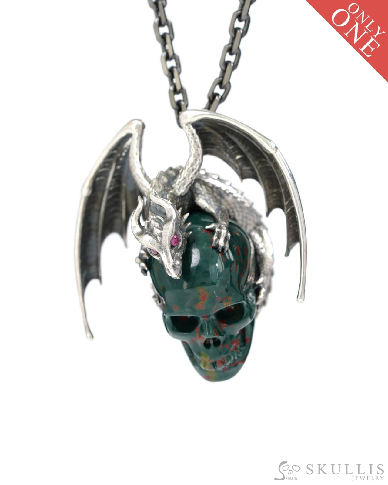 Gem Skull Pendant Necklace of Bloodstone Carved Skull with Ruby-Eye Dragon in Blackened Sterling Silver - 9500269 Skull