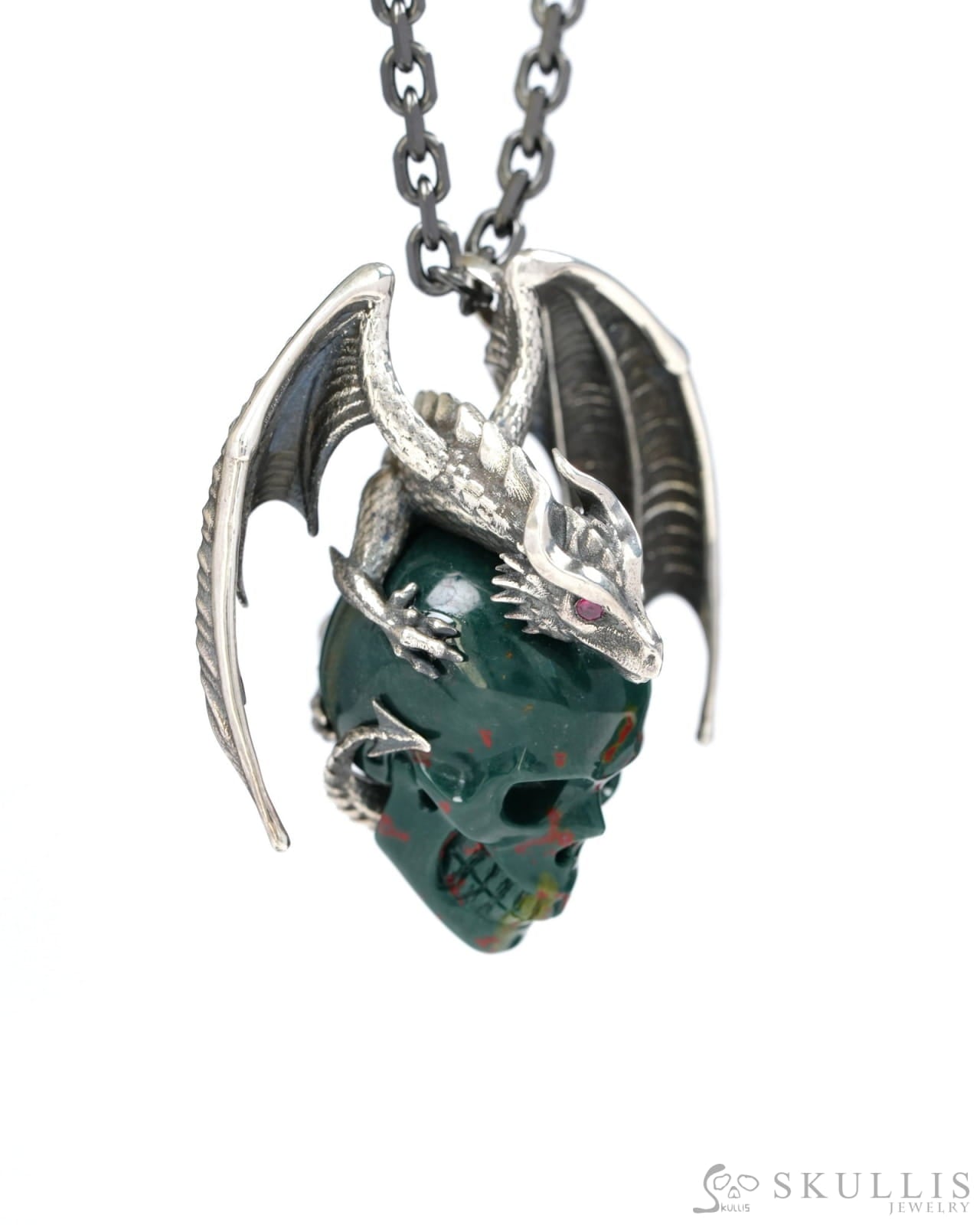 Gem Skull Pendant Necklace of Bloodstone Carved Skull with Ruby-Eye Dragon in Blackened Sterling Silver - 9500269 Skull