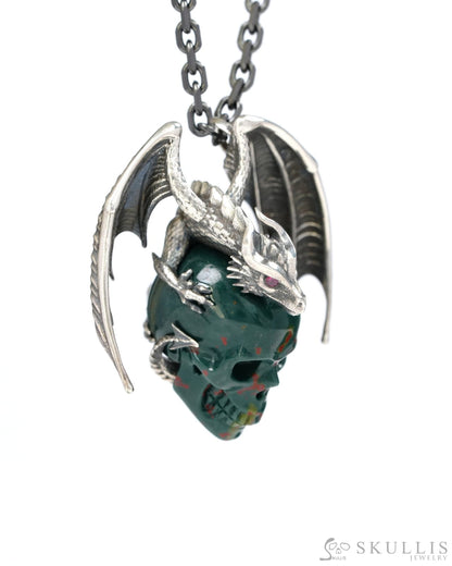 Gem Skull Pendant Necklace of Bloodstone Carved Skull with Ruby-Eye Dragon in Blackened Sterling Silver - 9500269 Skull