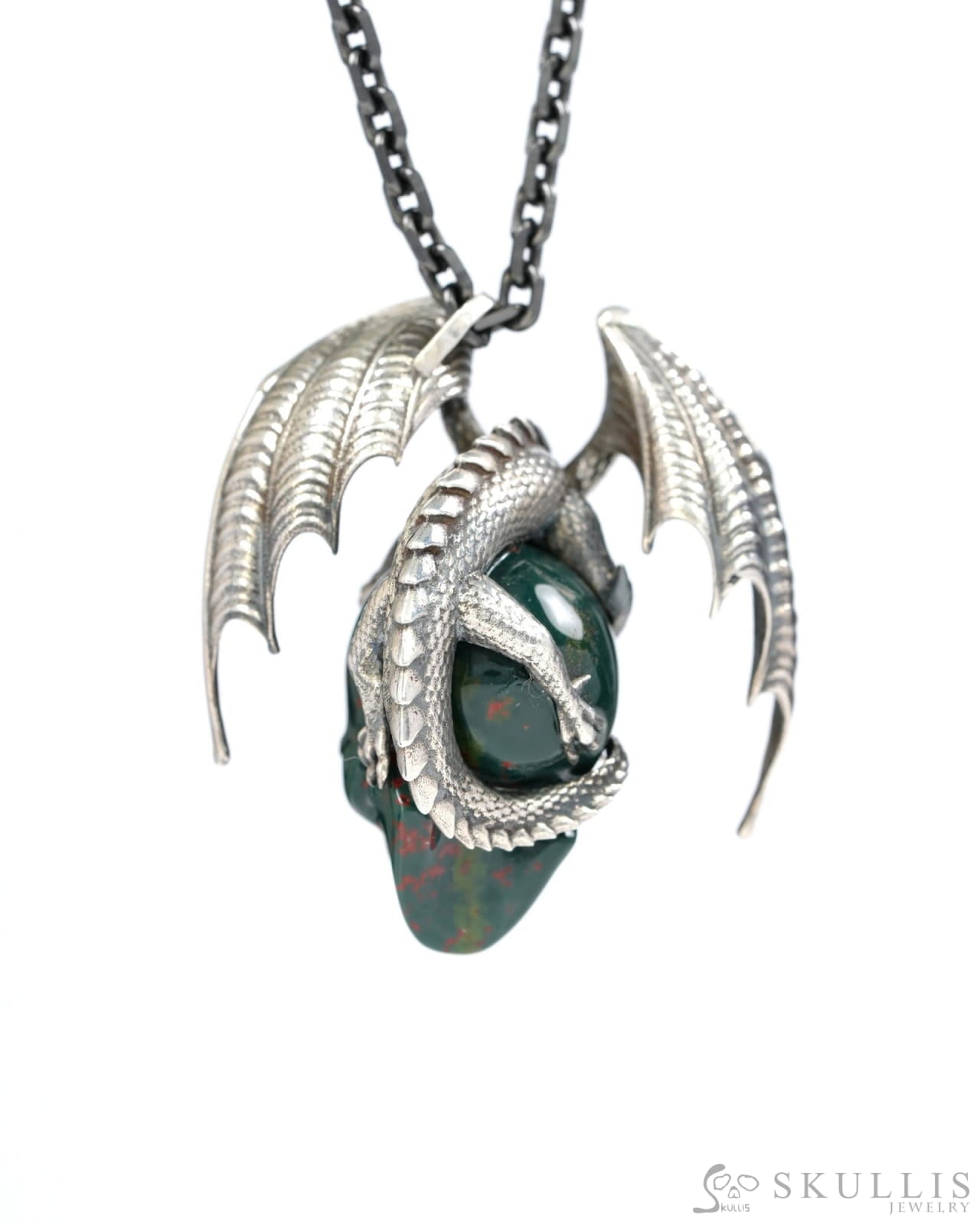Gem Skull Pendant Necklace of Bloodstone Carved Skull with Ruby-Eye Dragon in Blackened Sterling Silver - 9500269 Skull