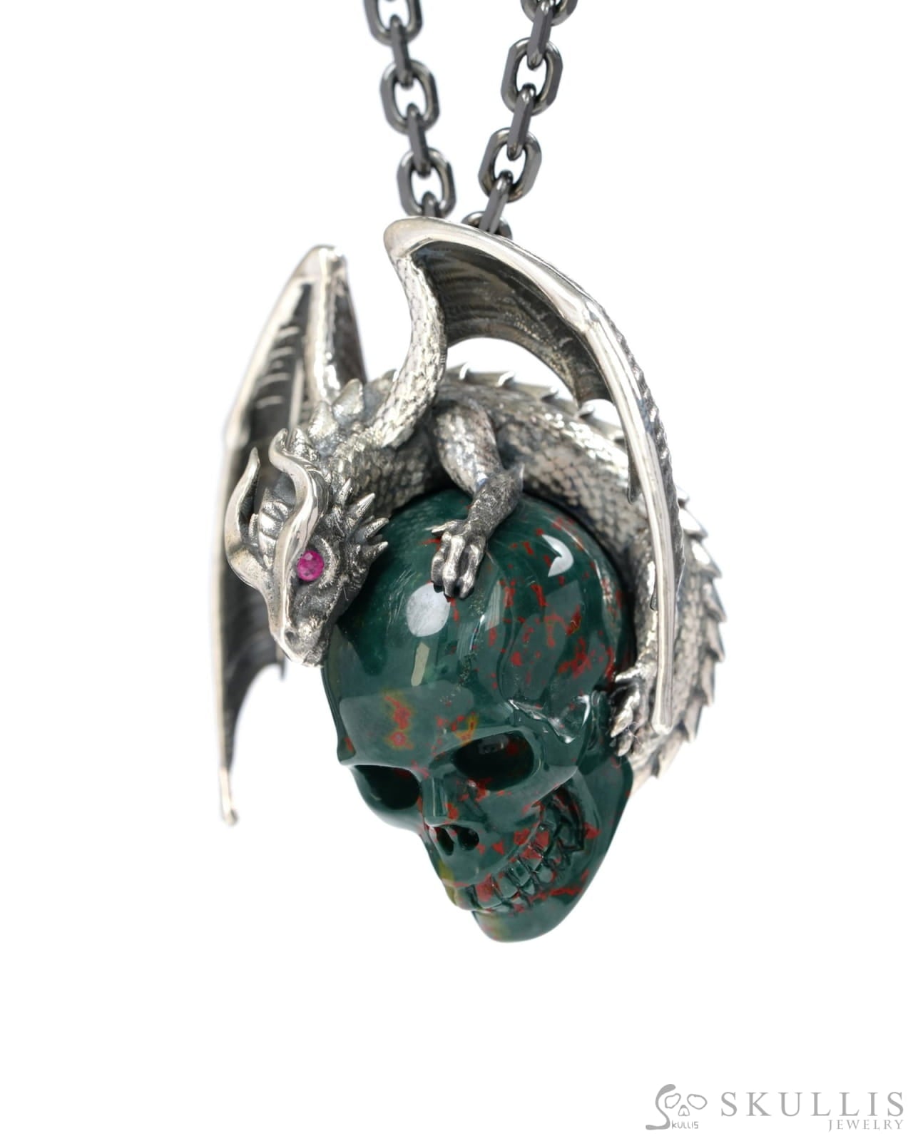 Gem Skull Pendant Necklace of Bloodstone Carved Skull with Ruby-Eye Dragon in Blackened Sterling Silver - 9500269 Skull