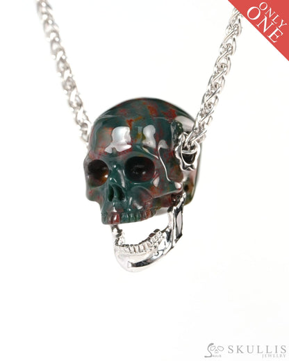 Gem Skull Pendant Necklace of Bloodstone Hand Carved Skull with Movable Jaw in 925 Sterling Silver - ZR19900144 - Skull
