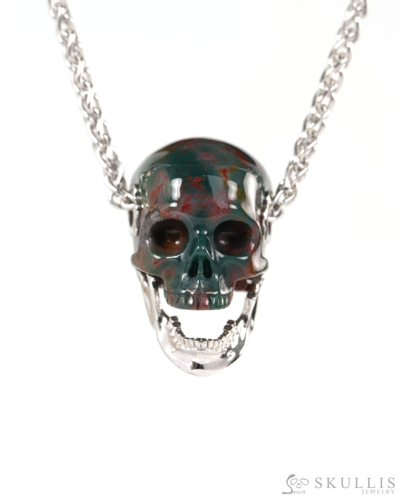 Gem Skull Pendant Necklace of Bloodstone Hand Carved Skull with Movable Jaw in 925 Sterling Silver - ZR19900144 - Skull