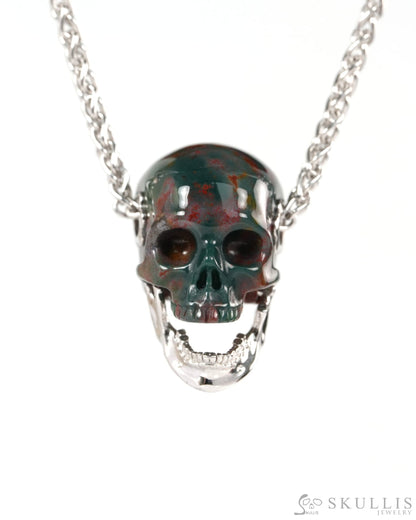 Gem Skull Pendant Necklace of Bloodstone Hand Carved Skull with Movable Jaw in 925 Sterling Silver - ZR19900144 - Skull