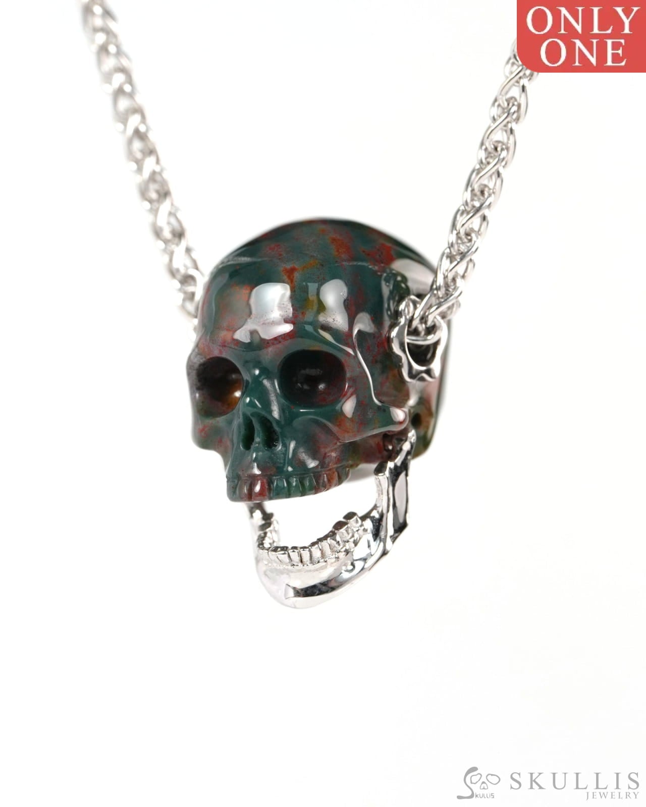 Gem Skull Pendant Necklace of Bloodstone Hand Carved Skull with Movable Jaw in 925 Sterling Silver - ZR19900144 - Skull