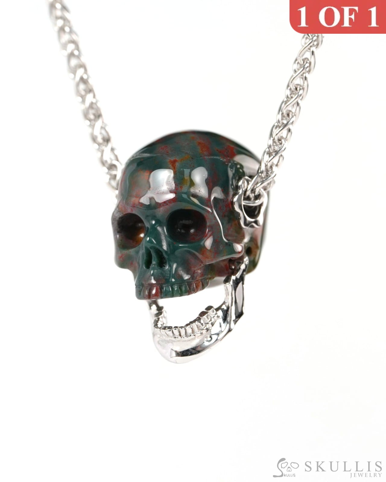 Gem Skull Pendant Necklace of Bloodstone Hand Carved Skull with Movable Jaw in 925 Sterling Silver - ZR19900144 - Skull