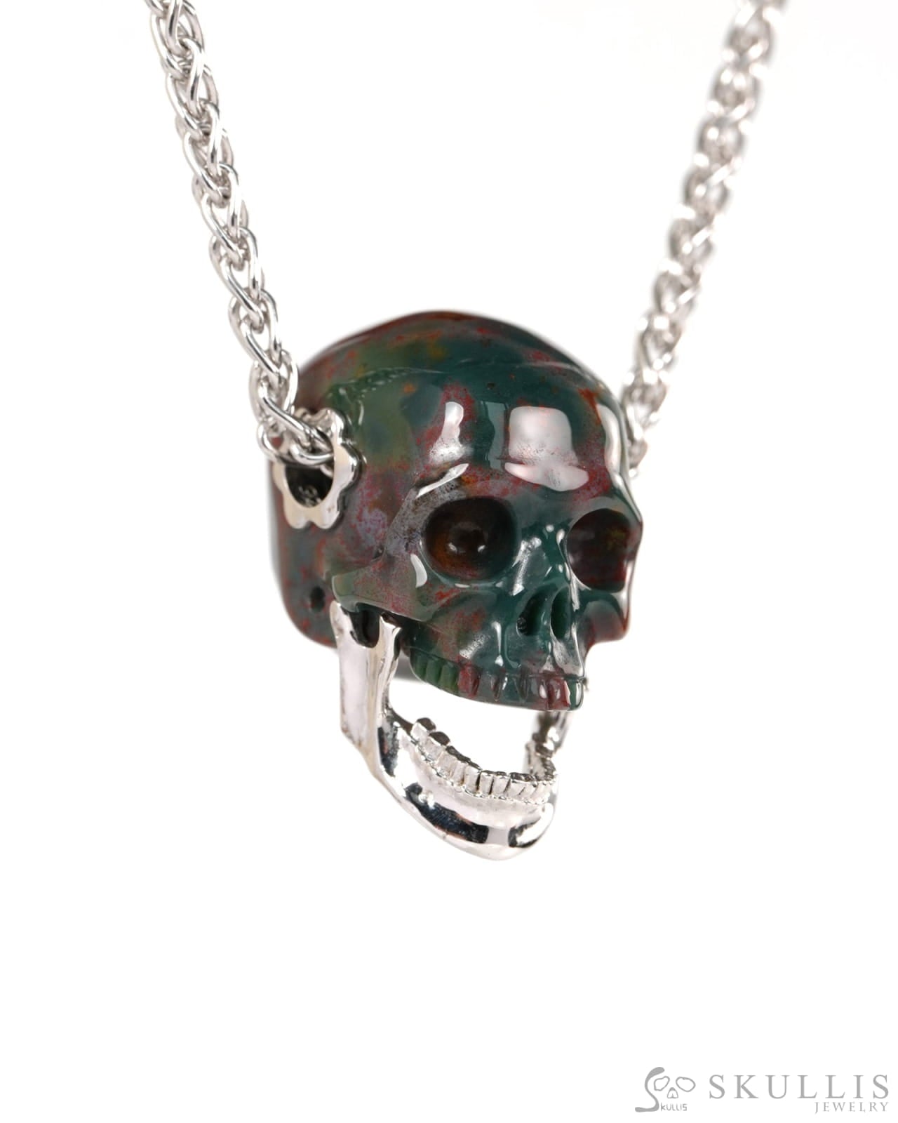 Gem Skull Pendant Necklace of Bloodstone Hand Carved Skull with Movable Jaw in 925 Sterling Silver - ZR19900144 - Skull