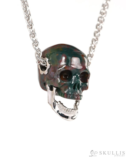 Gem Skull Pendant Necklace of Bloodstone Hand Carved Skull with Movable Jaw in 925 Sterling Silver - ZR19900144 - Skull