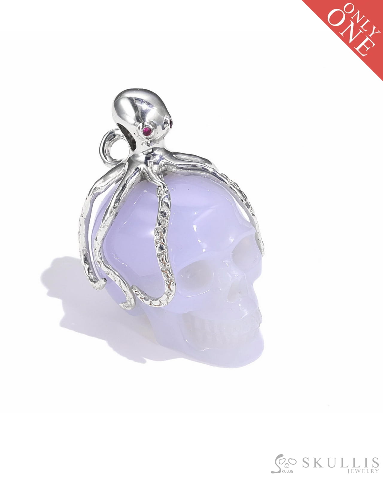 Gem Skull Pendant Necklace Of Blue Chalcedony Crystal Carved Skull With Detachable Silver