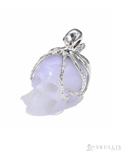 Gem Skull Pendant Necklace Of Blue Chalcedony Crystal Carved Skull With Detachable Silver