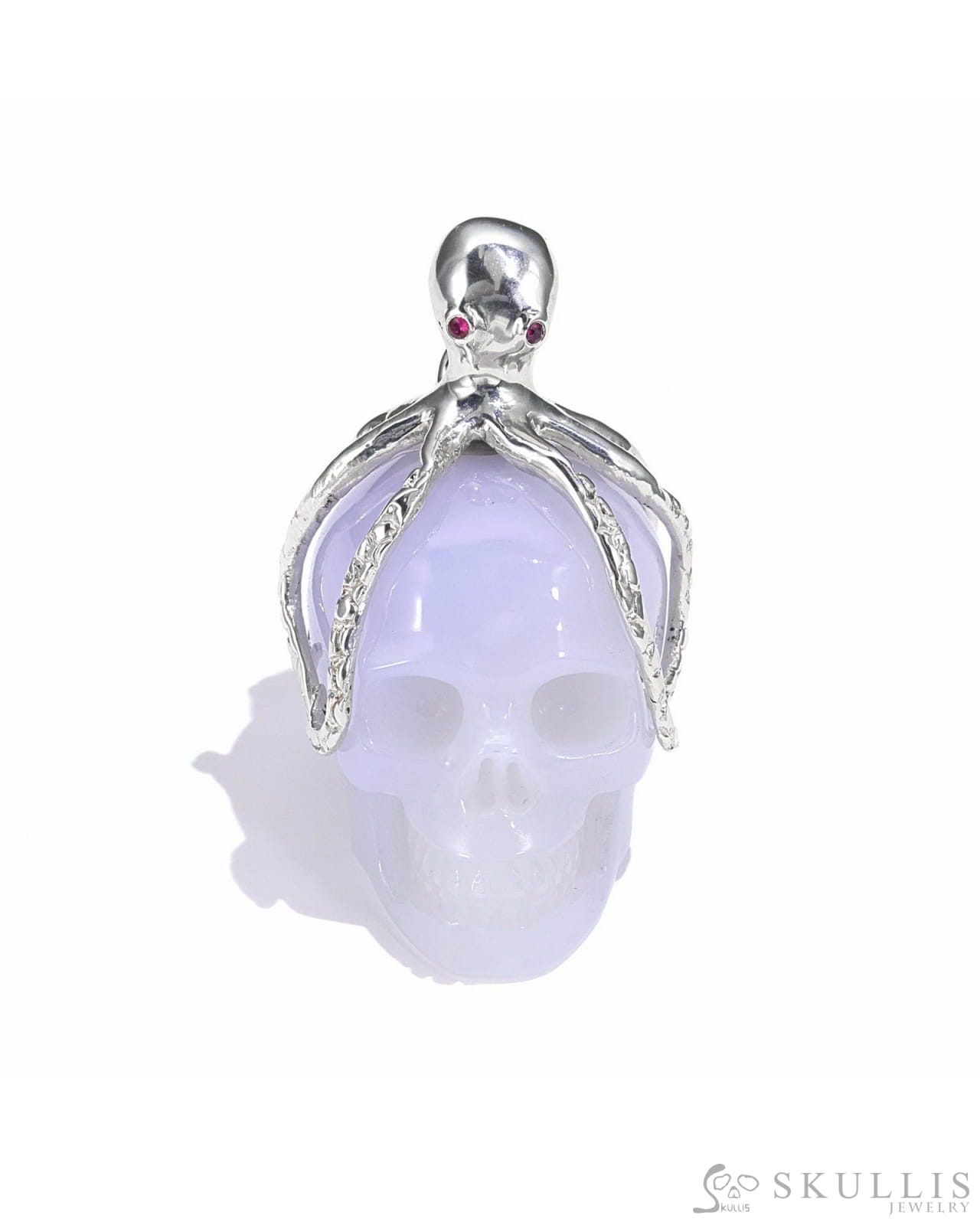 Gem Skull Pendant Necklace Of Blue Chalcedony Crystal Carved Skull With Detachable Silver