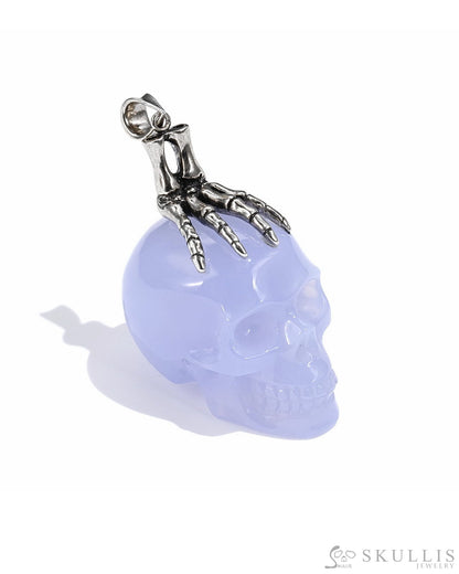 Gem Skull Pendant Necklace Of Blue Chalcedony Crystal Carved Skull With Detachable Silver