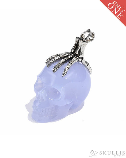 Gem Skull Pendant Necklace Of Blue Chalcedony Crystal Carved Skull With Detachable Silver