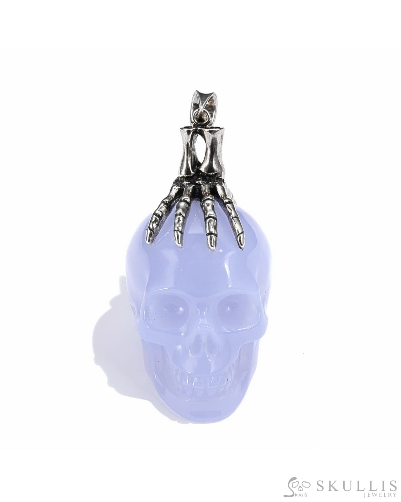 Gem Skull Pendant Necklace Of Blue Chalcedony Crystal Carved Skull With Detachable Silver