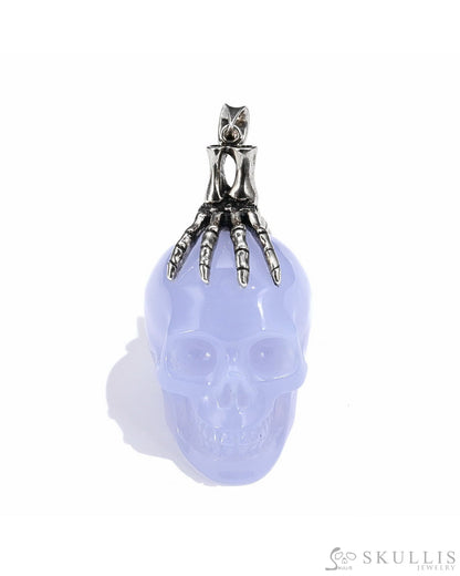 Gem Skull Pendant Necklace Of Blue Chalcedony Crystal Carved Skull With Detachable Silver