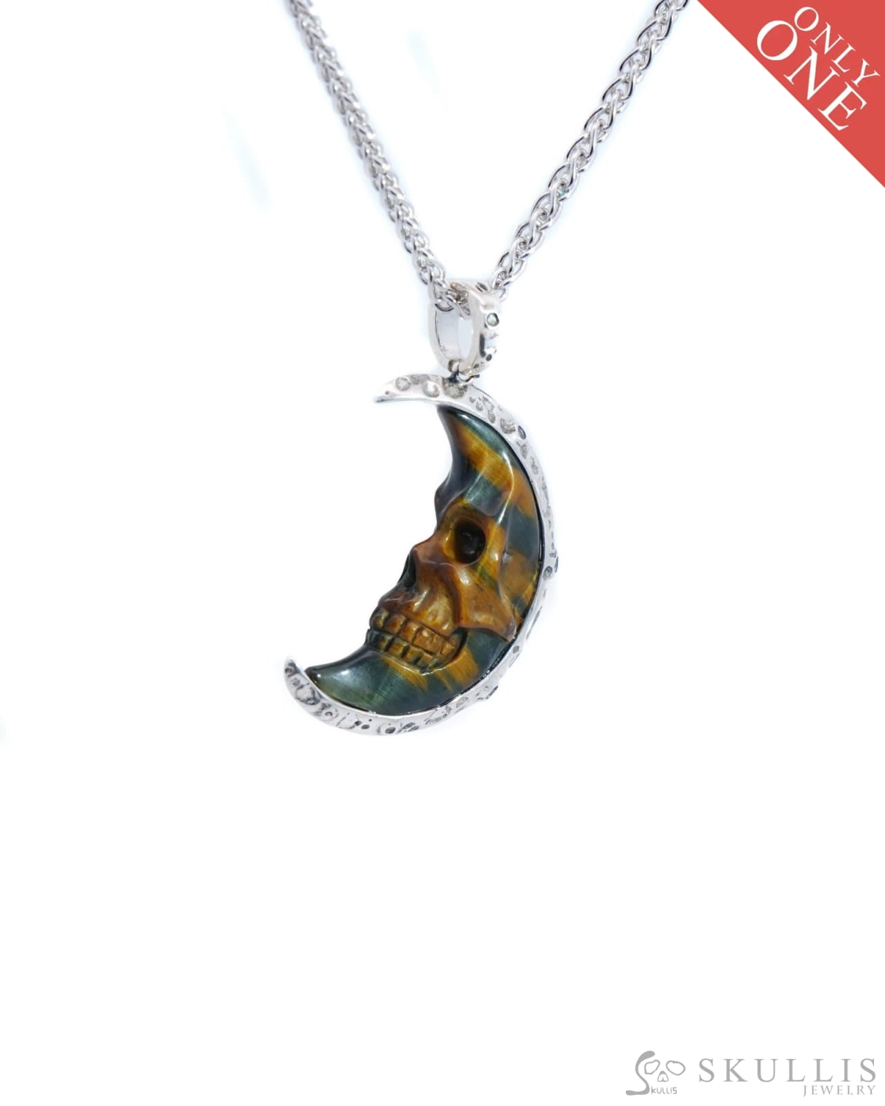 Skullis Signature Gold Tiger’s Eye Gem Skull Pendant Or Necklace Hand Carved Sterling Silver 925