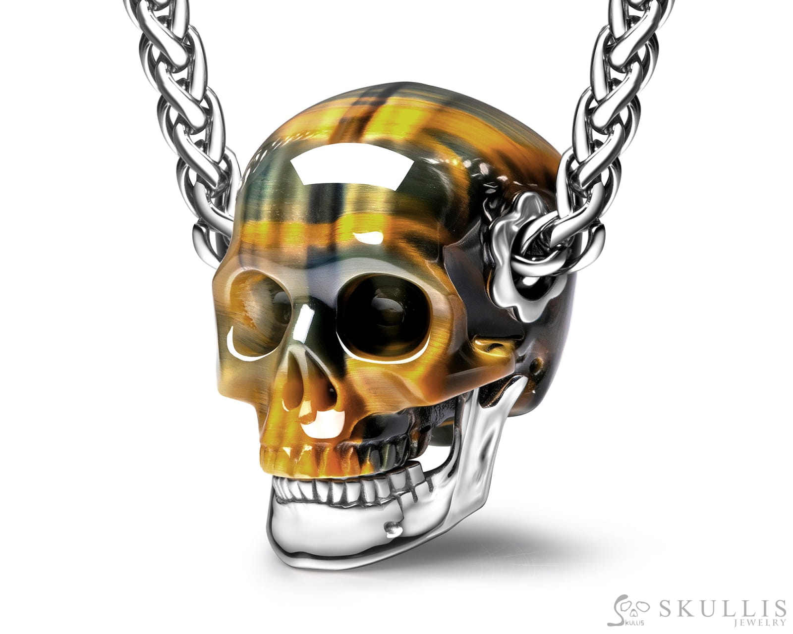 Gem Skull Pendant Necklace of Blue & Gold Tiger’s Eye Carved Skull with Detachable Silver Jaw in 925 Sterling Silver