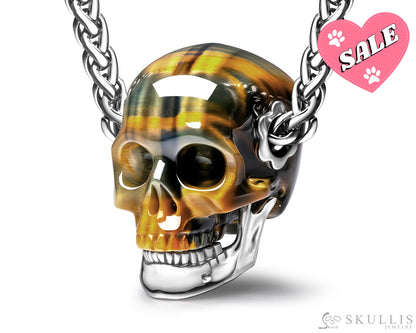 Gem Skull Pendant Necklace of Blue & Gold Tiger’s Eye Carved Skull with Detachable Silver Jaw in 925 Sterling Silver