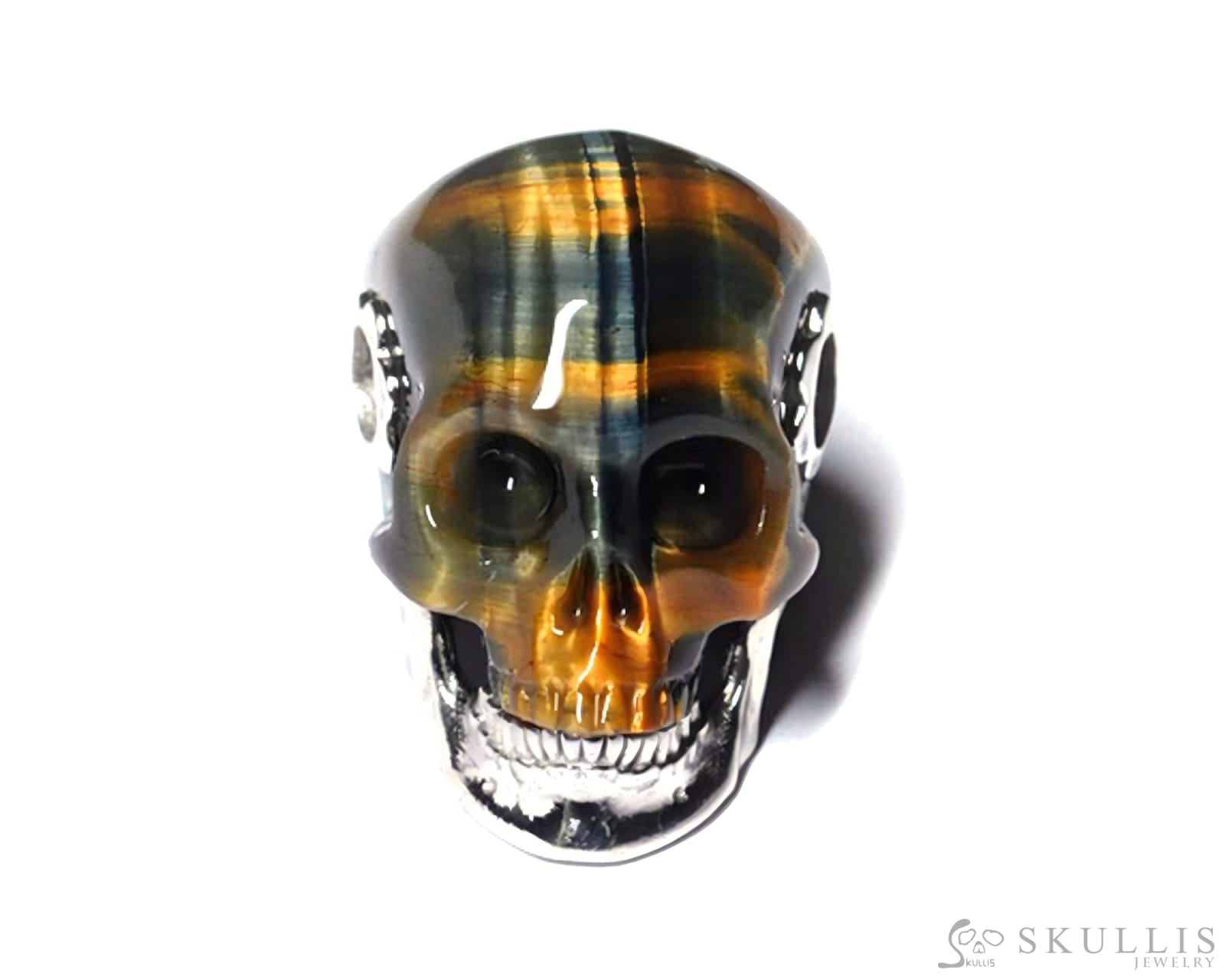 Gem Skull Pendant Necklace of Blue & Gold Tiger’s Eye Carved Skull with Detachable Silver Jaw in 925 Sterling Silver