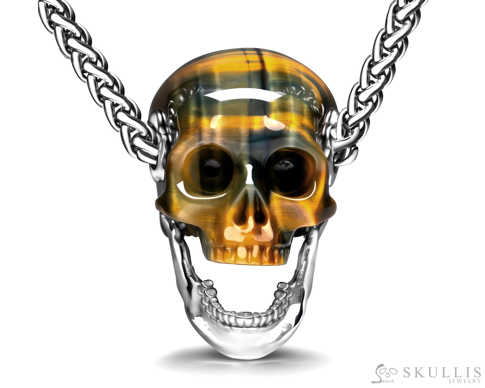 Gem Skull Pendant Necklace of Blue & Gold Tiger’s Eye Carved Skull with Detachable Silver Jaw in 925 Sterling Silver
