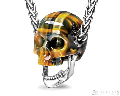 Gem Skull Pendant Necklace of Blue & Gold Tiger’s Eye Carved Skull with Detachable Silver Jaw in 925 Sterling Silver