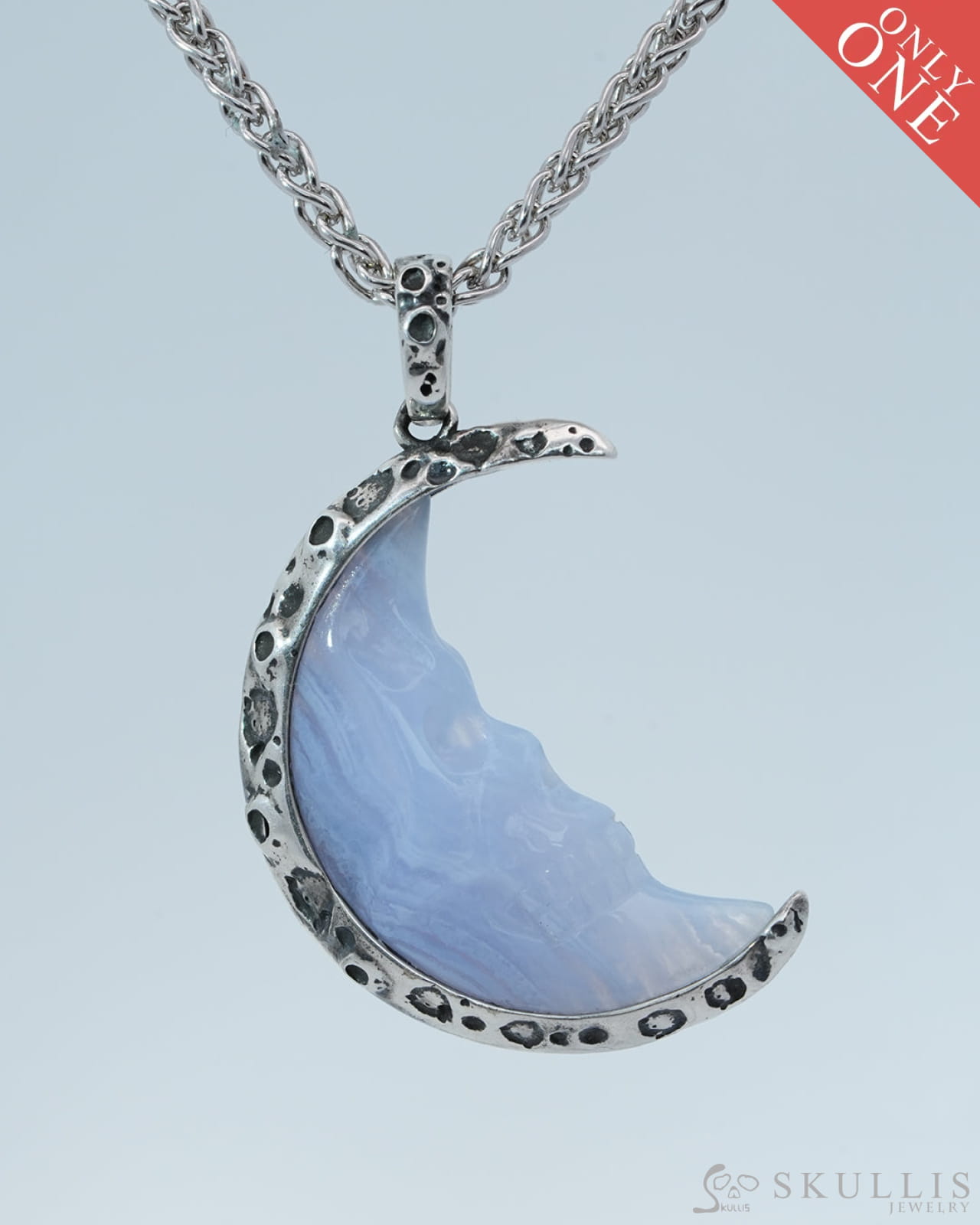 Gem Skull Pendant Necklace of Blue Lace Agate Carved Moon Skull in 925 Sterling Silver - 9800191 Skull Pendants