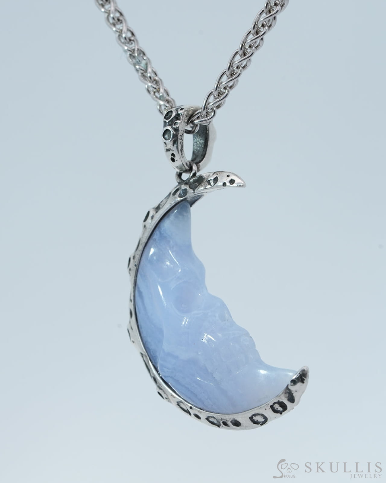 Gem Skull Pendant Necklace of Blue Lace Agate Carved Moon Skull in 925 Sterling Silver - 9800191 Skull Pendants