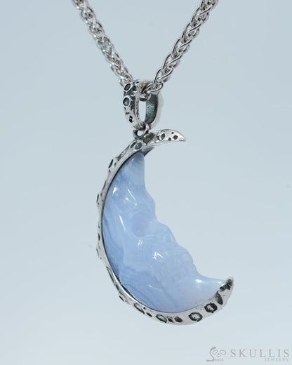 Gem Skull Pendant Necklace of Blue Lace Agate Carved Moon Skull in 925 Sterling Silver - 9800191 Skull Pendants