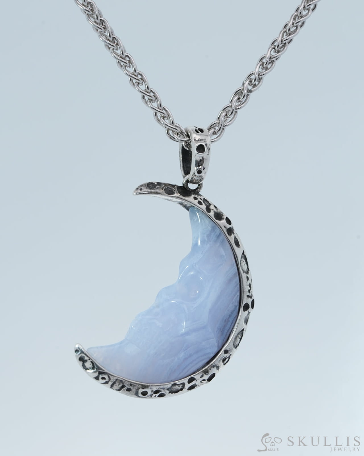Gem Skull Pendant Necklace of Blue Lace Agate Carved Moon Skull in 925 Sterling Silver - 9800191 Skull Pendants