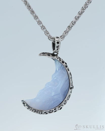 Gem Skull Pendant Necklace of Blue Lace Agate Carved Moon Skull in 925 Sterling Silver - 9800191 Skull Pendants