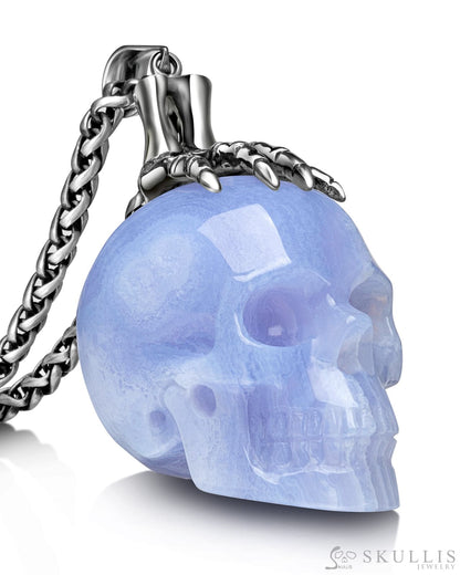 Gem Skull Pendant Necklace Of Blue Lace Agate Carved Skull With Skeleton Hand In 925 Sterling