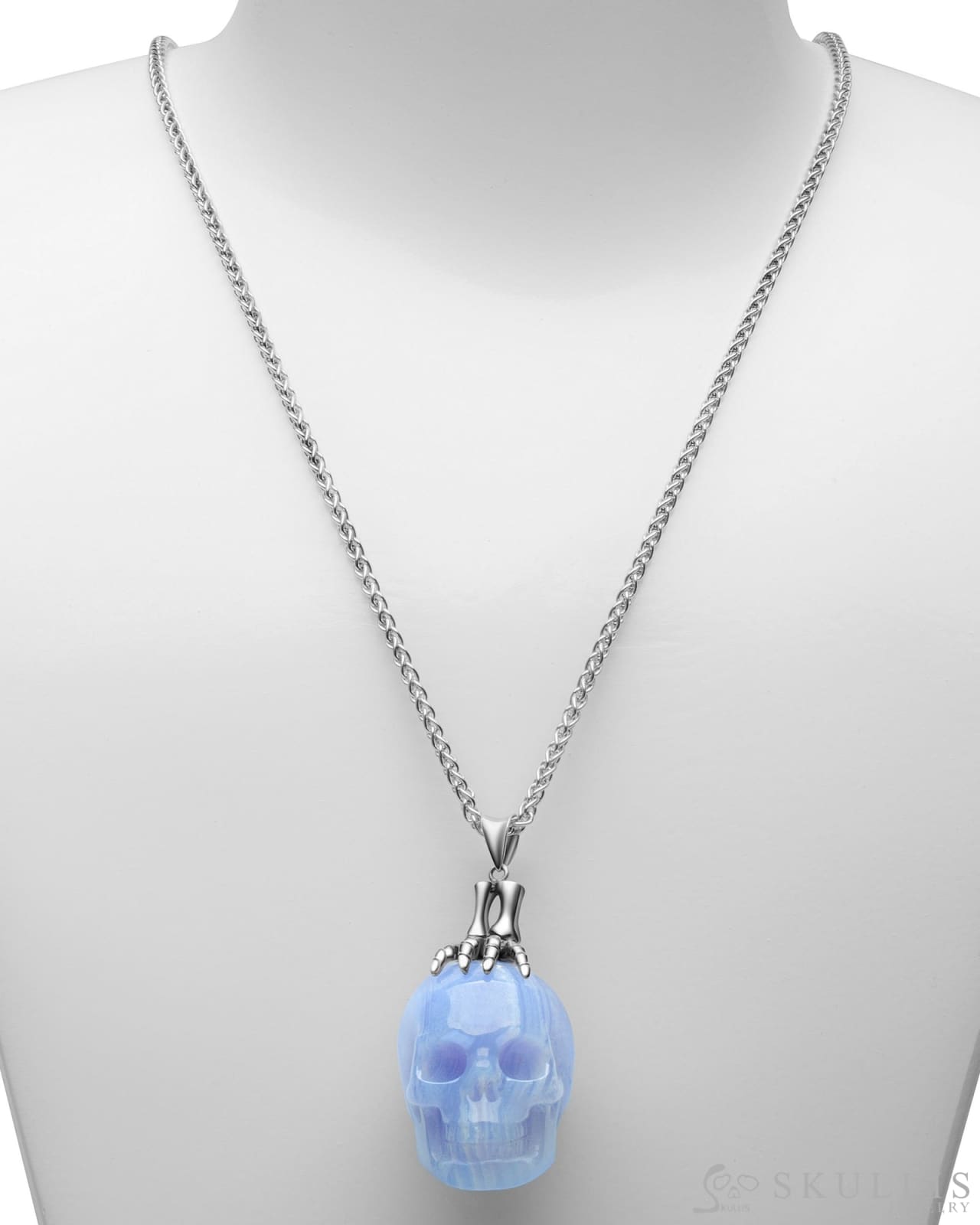 Gem Skull Pendant Necklace Of Blue Lace Agate Carved Skull With Skeleton Hand In 925 Sterling