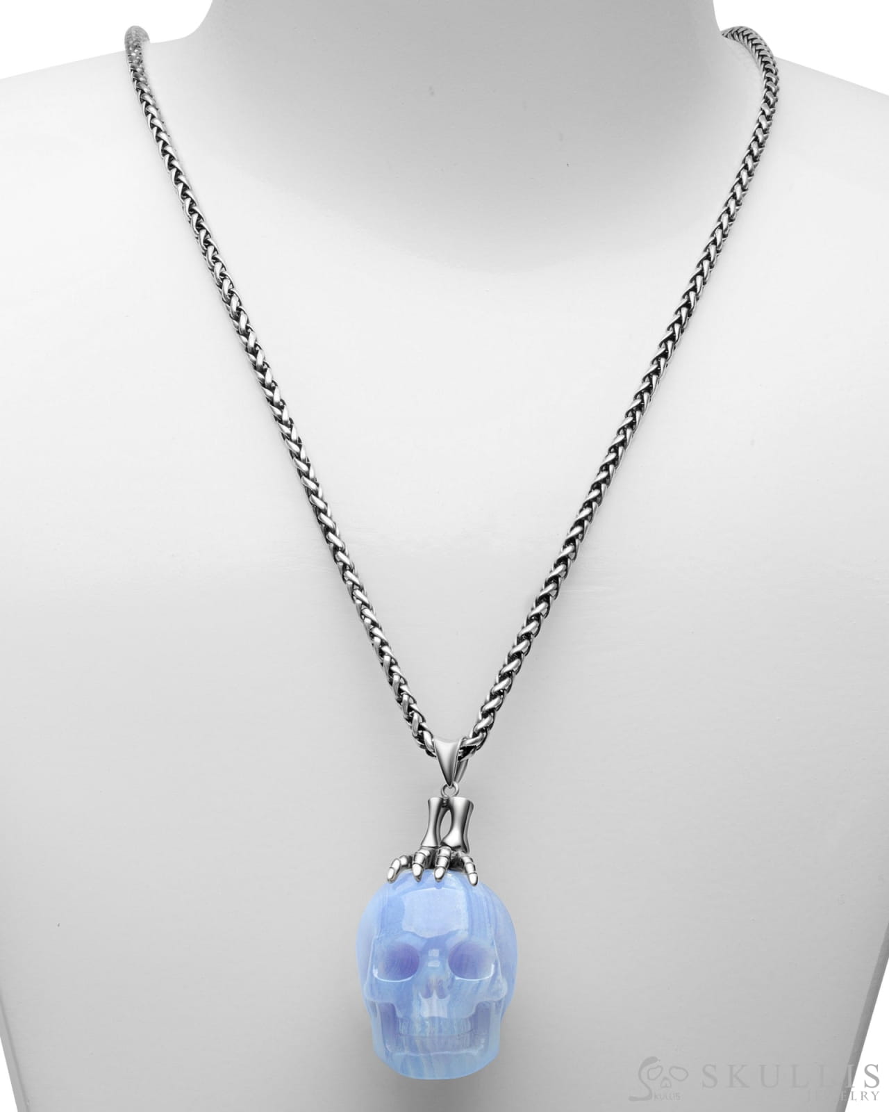 Gem Skull Pendant Necklace Of Blue Lace Agate Carved Skull With Skeleton Hand In 925 Sterling