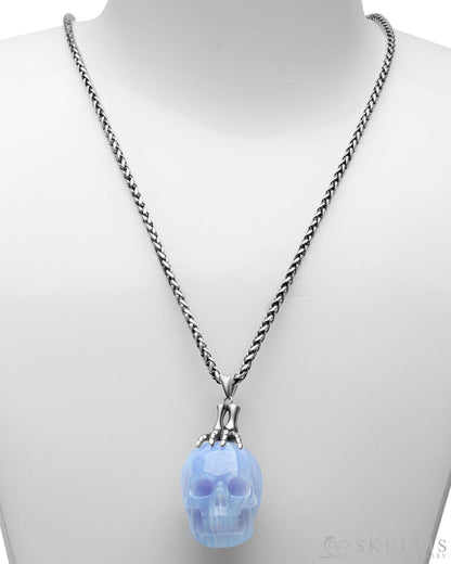 Gem Skull Pendant Necklace Of Blue Lace Agate Carved Skull With Skeleton Hand In 925 Sterling