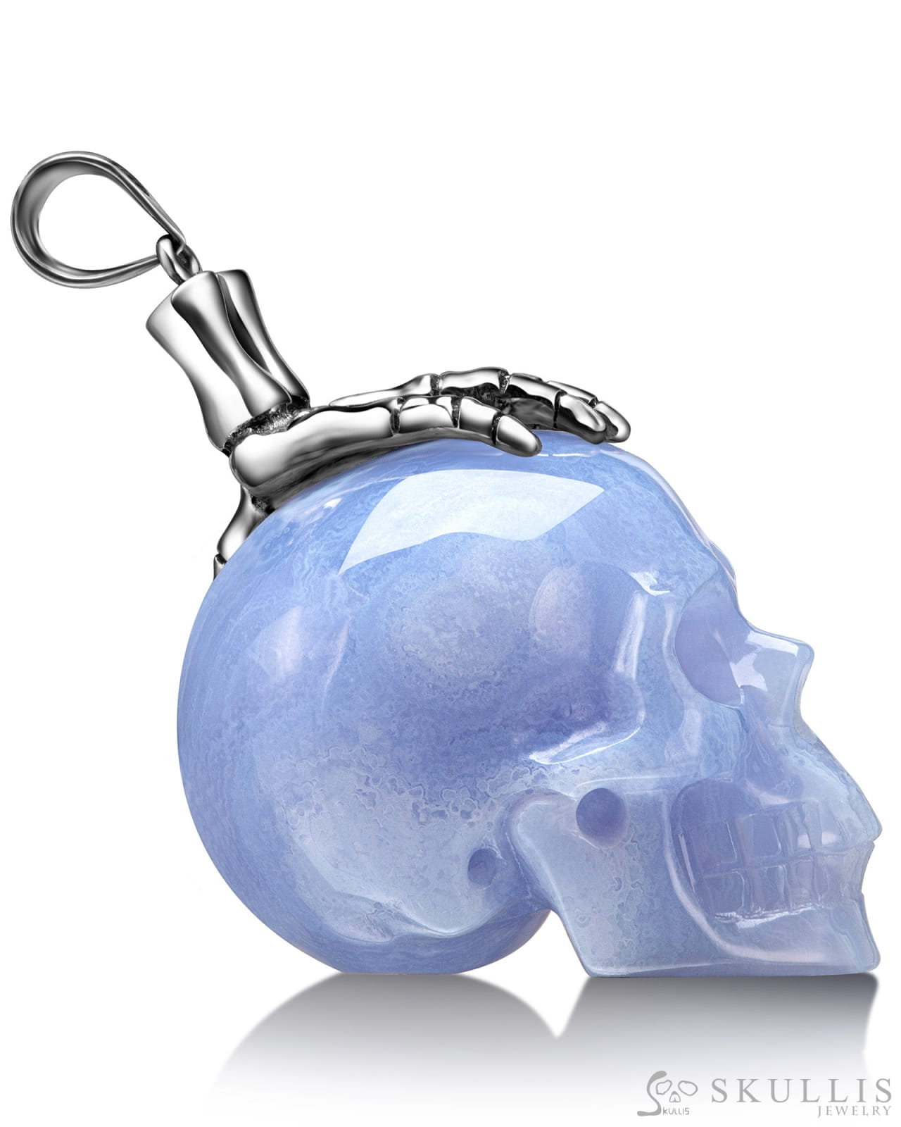 Gem Skull Pendant Necklace Of Blue Lace Agate Carved Skull With Skeleton Hand In 925 Sterling